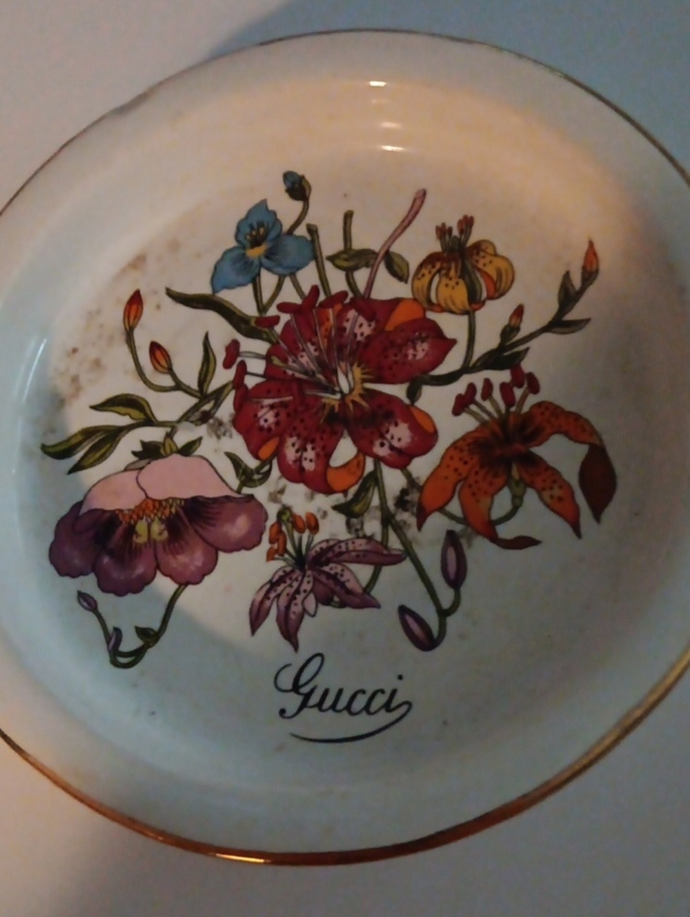 Gucci Floral Ceramic Dish in Cream with Red, Orange, Purple and Blue Blooms